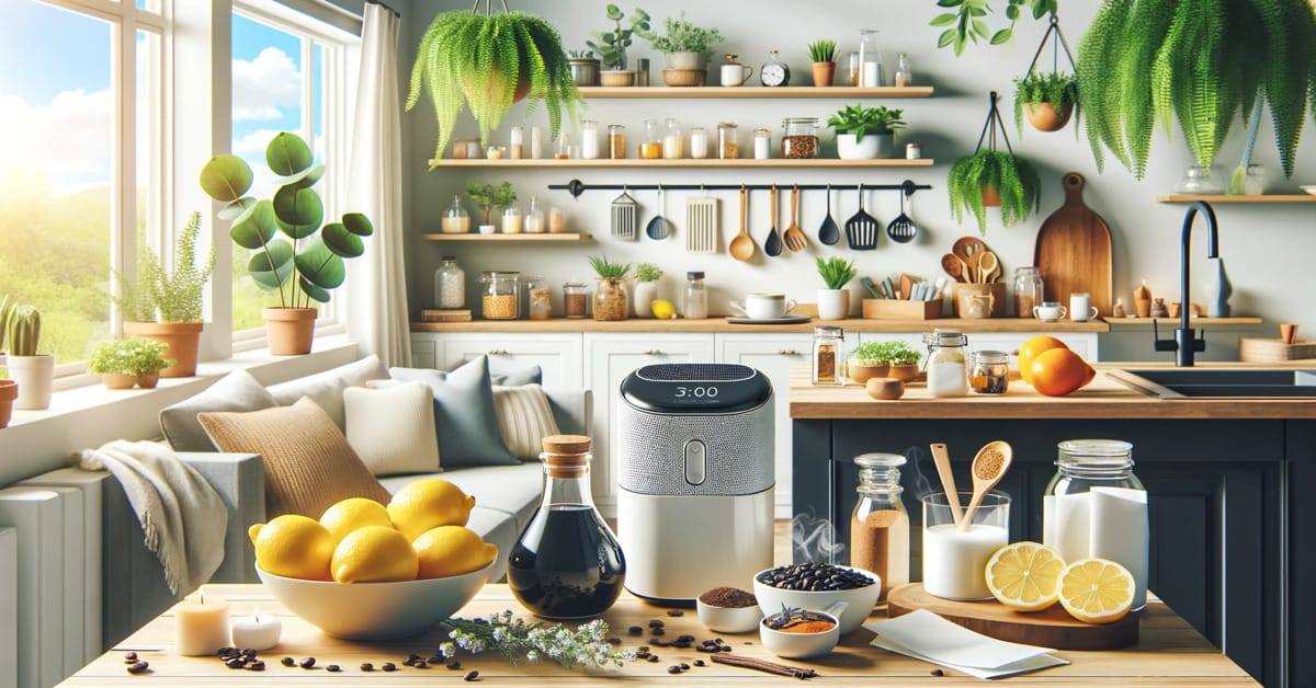 An image of a home kitchen with a blender and other fresh kitchen items on the table