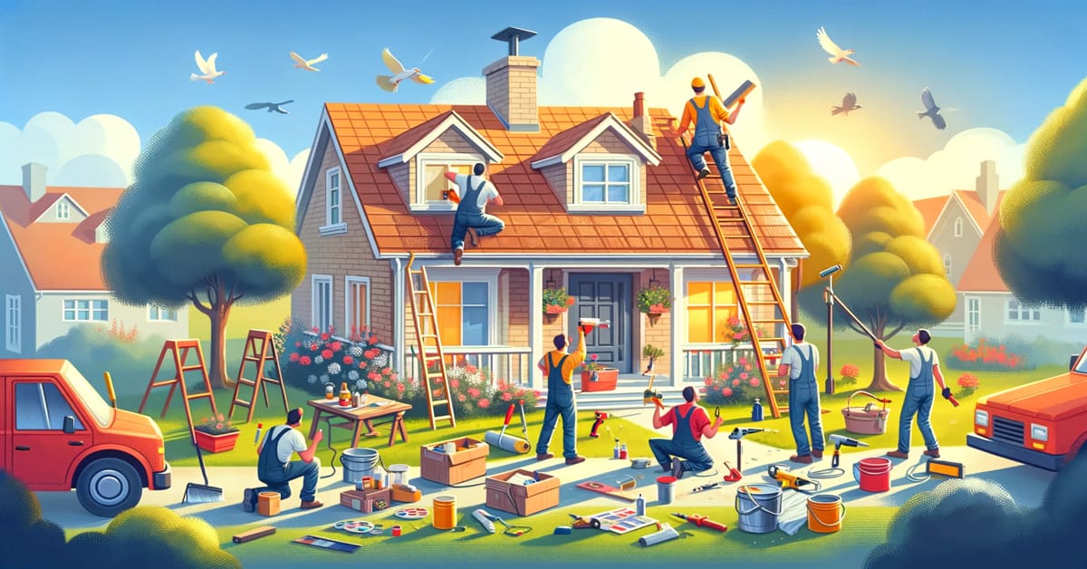 A cartoon illustration showcasing home repairs being done