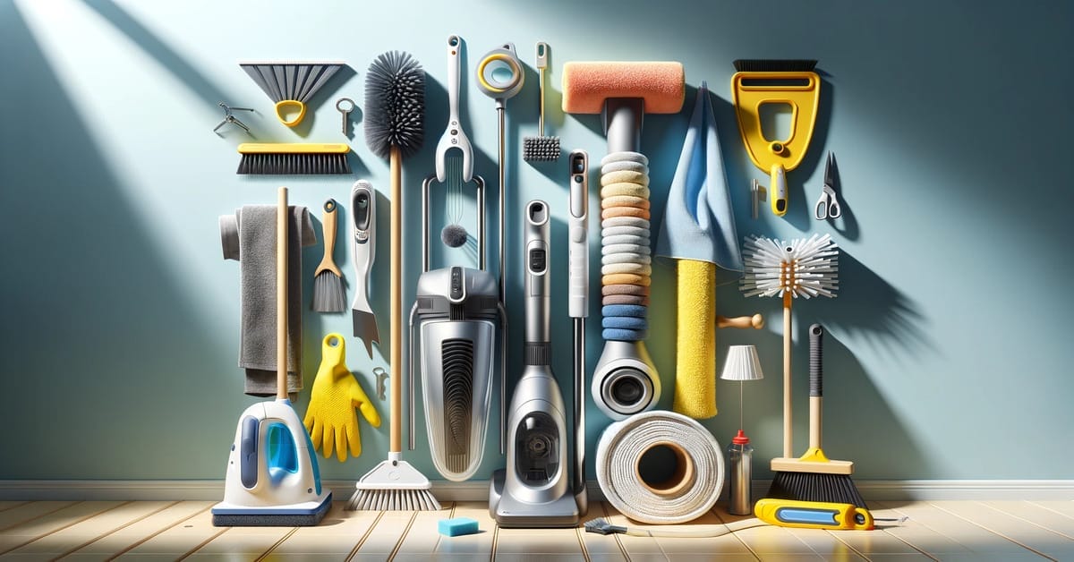 A collection of cleaning tools for nook and cranny cleaning displayed on a wall