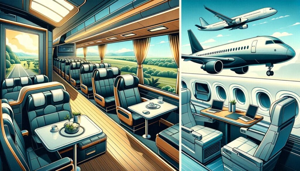 The interior of a plane with comfortable seating arrangements and a convenient table