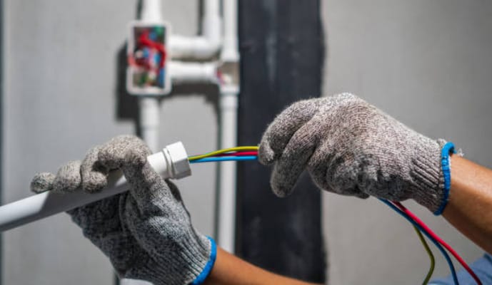 A person wearing gloves is inserting wires on a white pipe
