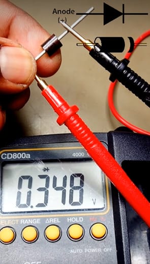 A person is using a multimeter to test a diode