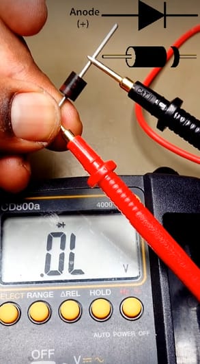 A person is testing a diode with a multimeter at OL setting
