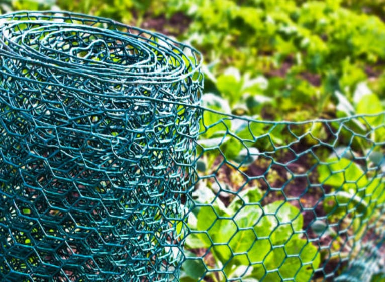 A roll of wire fencing in a garden