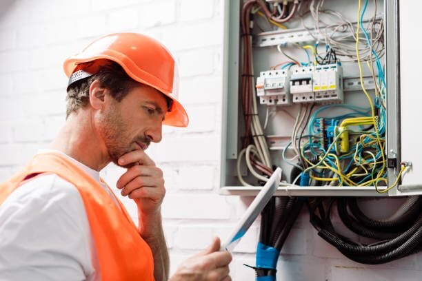 A man in an orange hard hat is examining an electrical panel