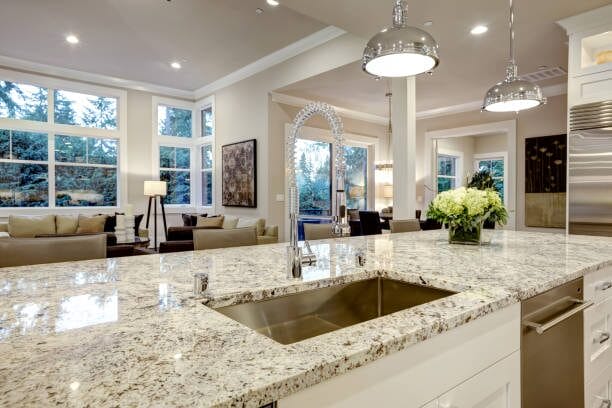 A kitchen with granite counter tops