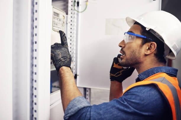 A man in a hard hat is inspecting an electrical panel