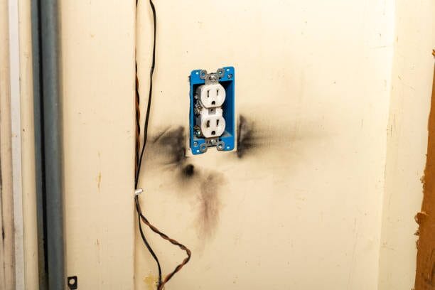 A wall outlet with a black mark on it due to electrical burning