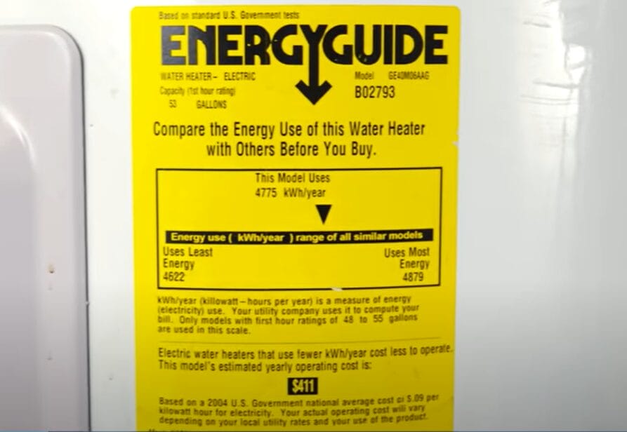 A water heater energy guide label