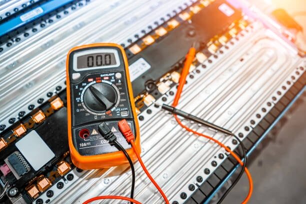 Using a multimeter to test Christmas lights in a factory