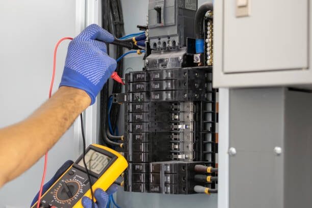 A man with gloves and multimeter is working on a circuit breaker