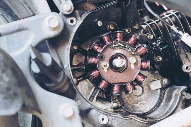 A close up of a motorcycle's stator
