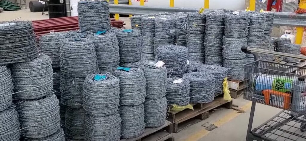 A bundle of rolls of wire in a warehouse