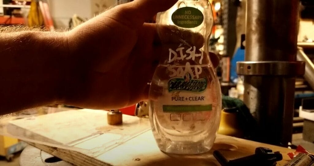A person holding a dish soap bottle