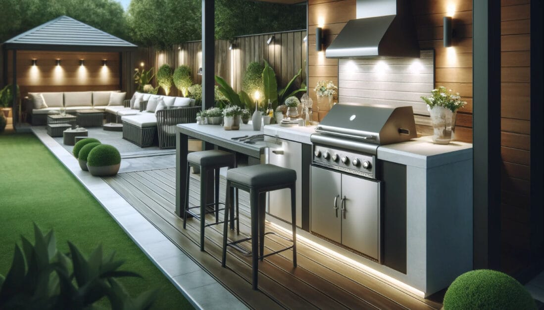 Outdoor patio featuring a modern outdoor kitchen setup with a grill, stools, and countertop. A cozy lounge area with cushioned seating sits under a canopy in the background. This backyard culinary space is well-lit and adorned with plants.
