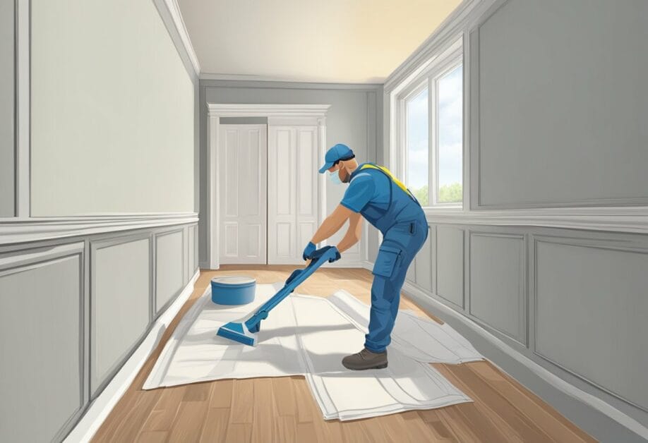 A person in blue work attire uses a carpet cleaner on a rug in a well-lit room with white walls and wooden floors, prepping the space for painting steps that will ensure a flawless finish.