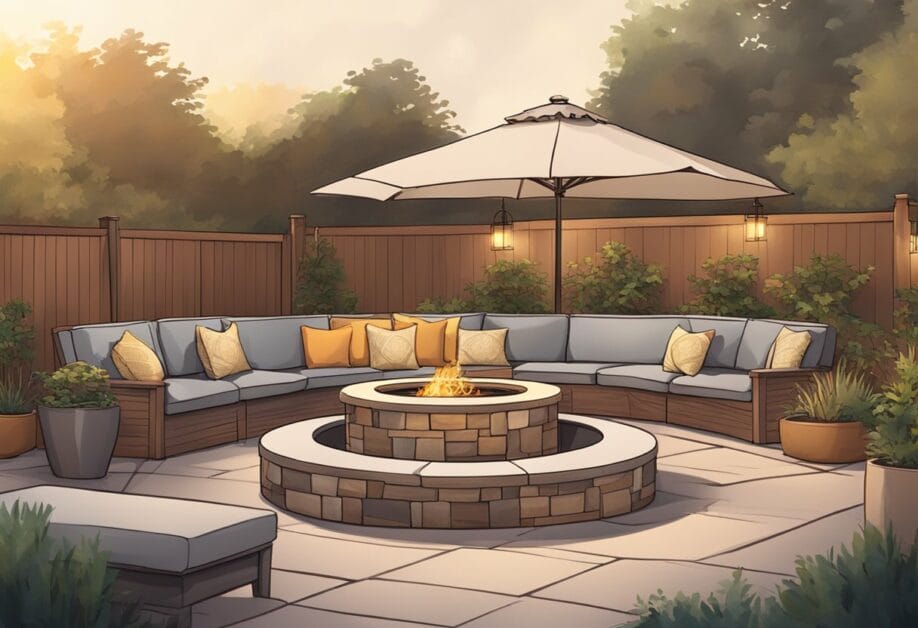 A circular fire pit surrounded by cozy seating, nestled in a backyard. Soft lighting and comfortable cushions create a warm and inviting atmosphere