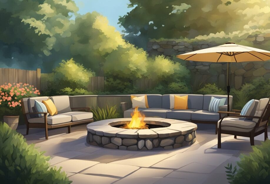 A stone fire pit surrounded by cozy outdoor seating, soft lighting, and lush greenery creates a warm and inviting atmosphere