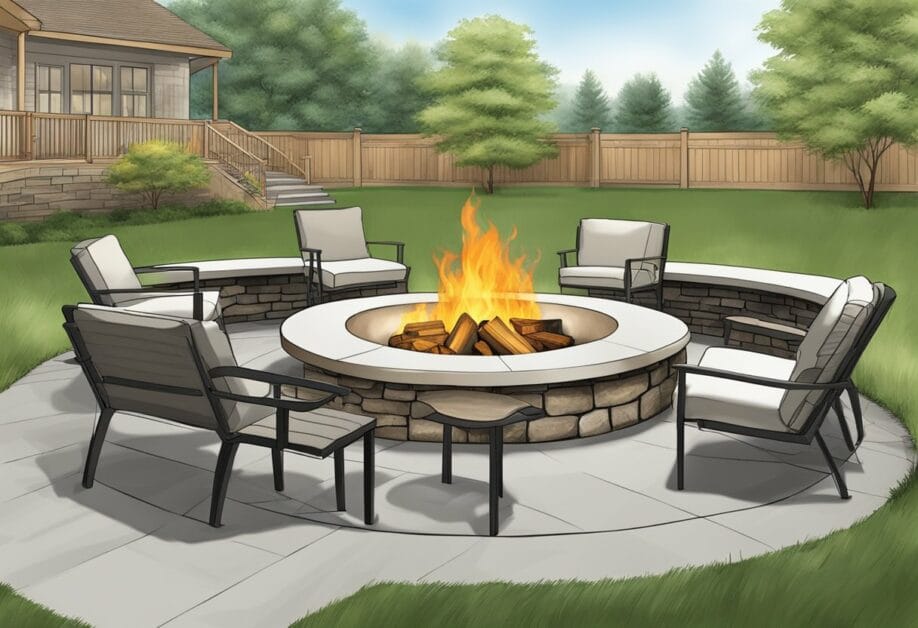 A fire pit surrounded by comfortable seating, with a clear path for access and egress. Adequate ventilation and fire safety measures in place