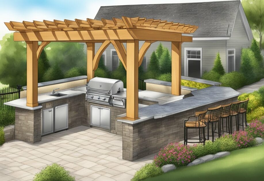 An outdoor kitchen being built with a grill, sink, and countertops, surrounded by a landscaped patio with seating and a pergola overhead