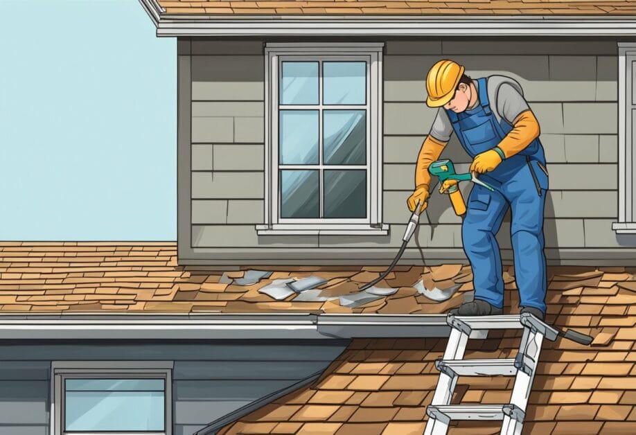 A roofer applies sealant to a cracked shingle. Nearby, a gutter is being cleared of debris. A ladder leans against the house
