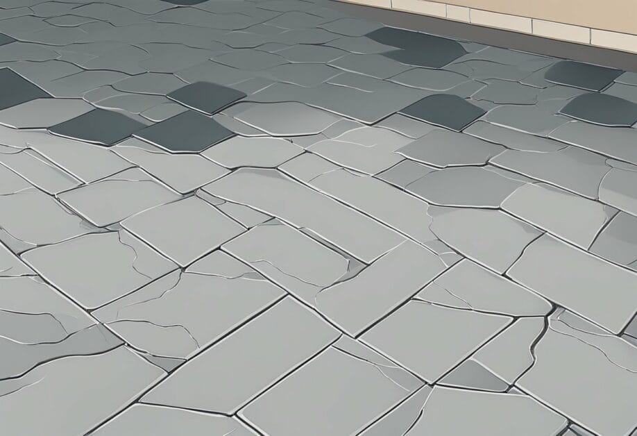 A cracked, light gray tile floor with irregular shapes and shades.