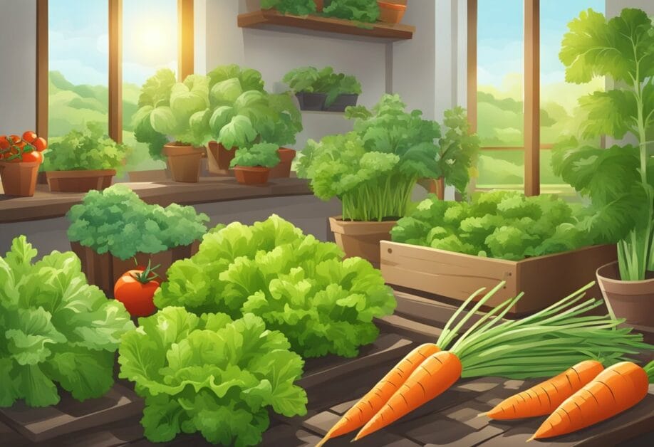 Lush garden with ripe vegetables, sun shining. Carrots, tomatoes, and lettuce ready for harvest. Garden tools nearby