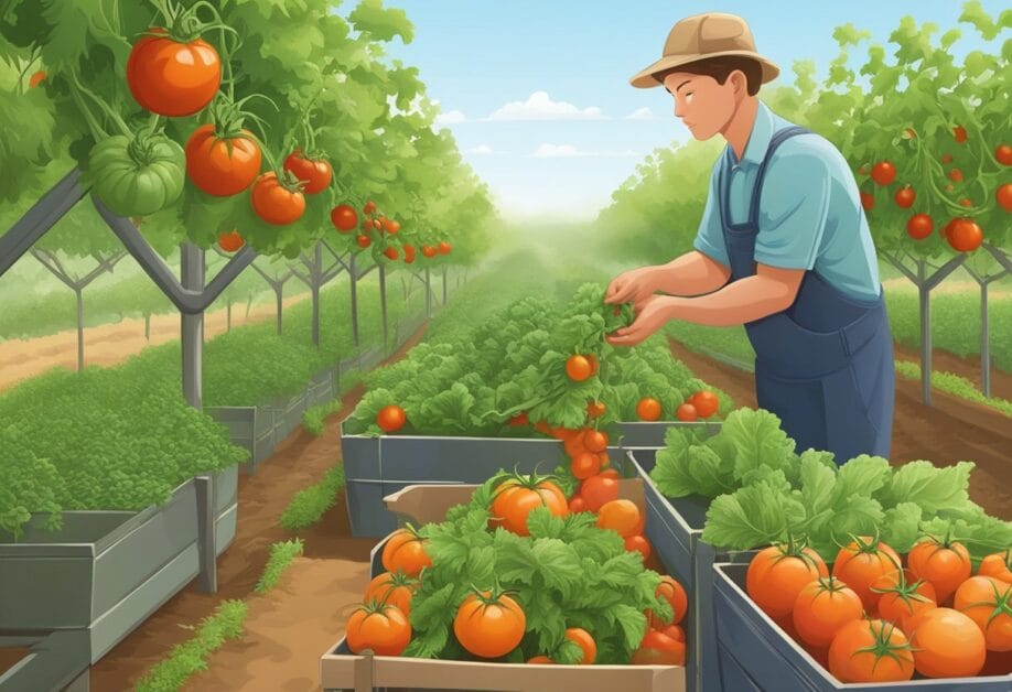 Tomatoes are being picked from the vine, carrots pulled from the ground, and lettuce leaves are being carefully cut for harvesting techniques by vegetable type