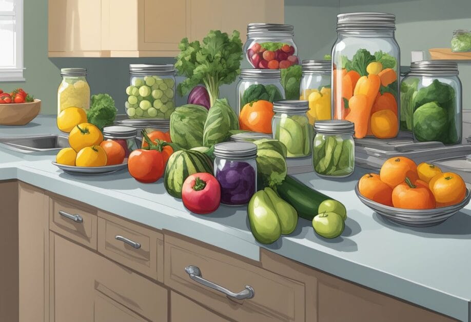 Fresh fruits and vegetables arranged on a kitchen counter, with canning jars, lids, and a boiling water canner nearby. Freezer bags and trays of frozen produce are also visible