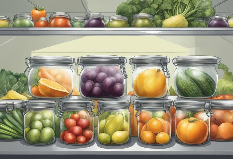 Fresh fruits and vegetables being carefully placed into glass jars and sealed with lids. Another scene depicts produce being placed into freezer bags and sealed for long-term storage