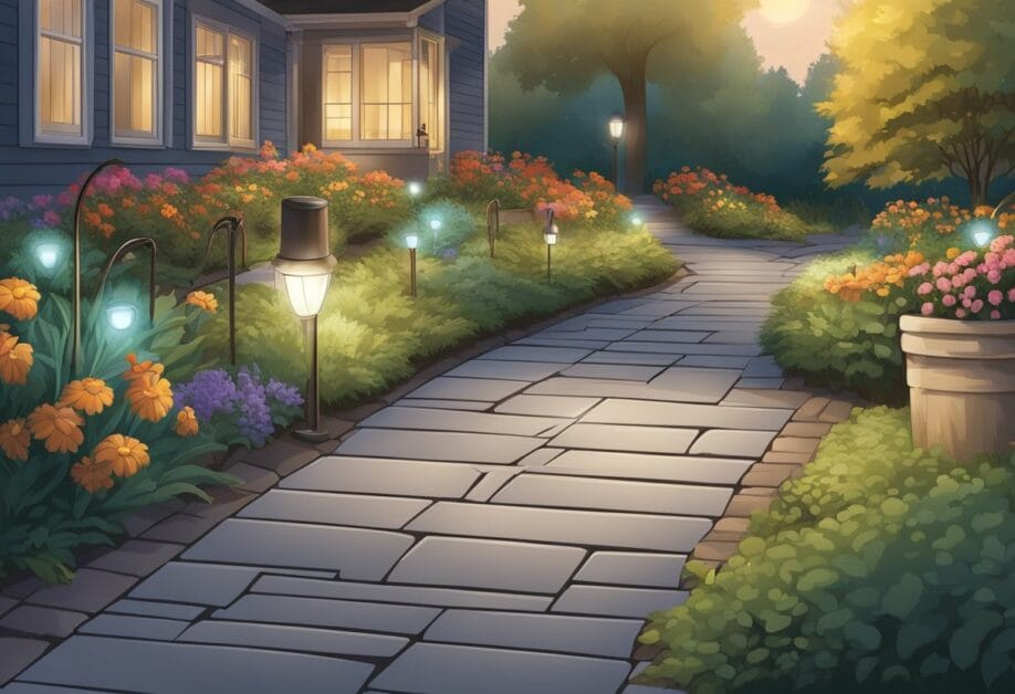 A garden pathway with low-voltage lights installed along the edges, wires buried underground, and a transformer connected to a power source nearby