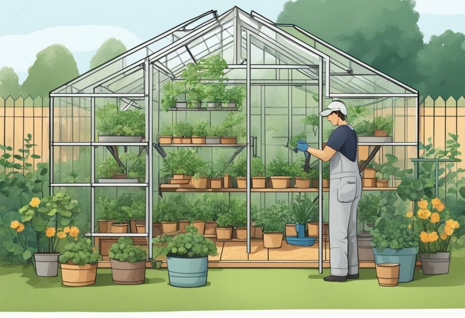 A person is assembling a greenhouse frame in their backyard, placing and securing the panels, and adding shelving and pots for plants