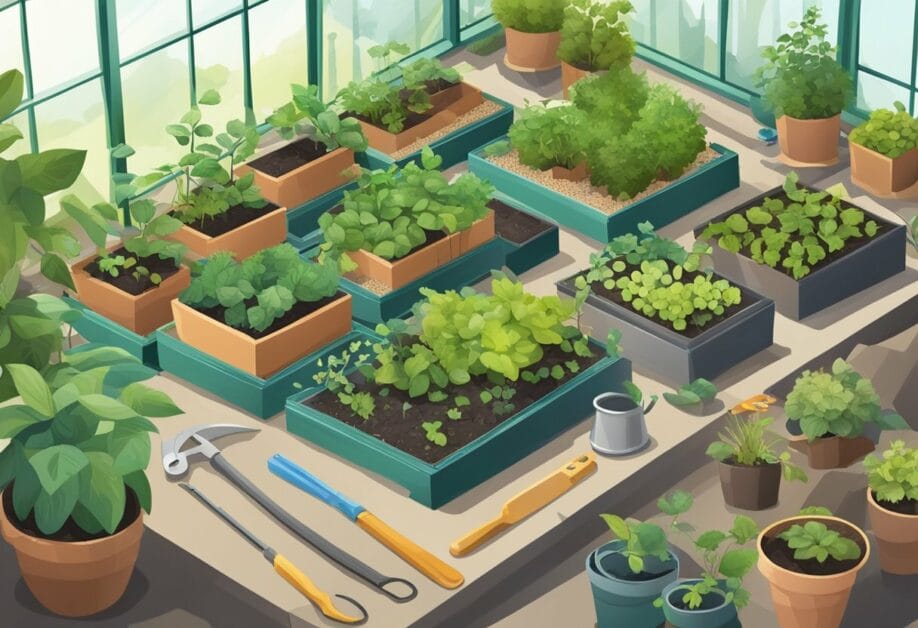 Supplies scattered on the ground, greenhouse frame being assembled, tools and materials strewn about, plants waiting to be potted