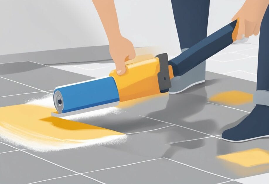 A person priming a smooth, clean surface with a paint roller before laying down tiles. Avoiding uneven application and using the correct primer