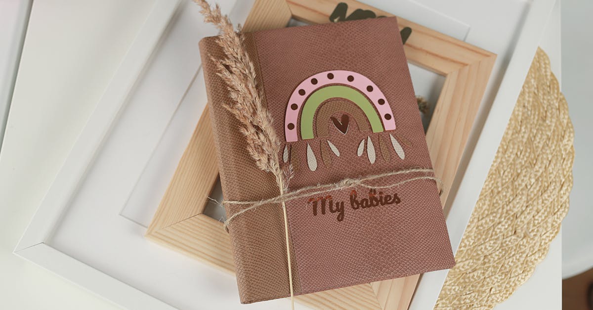 A brown cloth-bound notebook with a rainbow design and "My boho's" written on the cover is tied with twine, accompanied by a dried plant, placed on and under wooden picture frames.