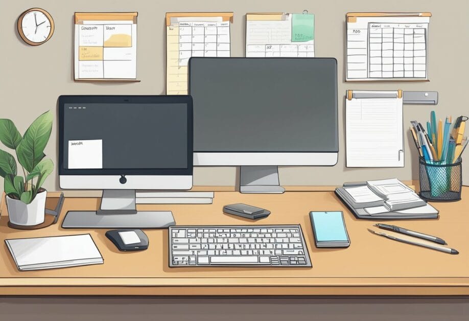 A tidy desk setup with dual monitors, a keyboard, a mouse, a smartphone, various office supplies and planners, and a small plant. Wall-mounted calendars and notes are displayed in the background.