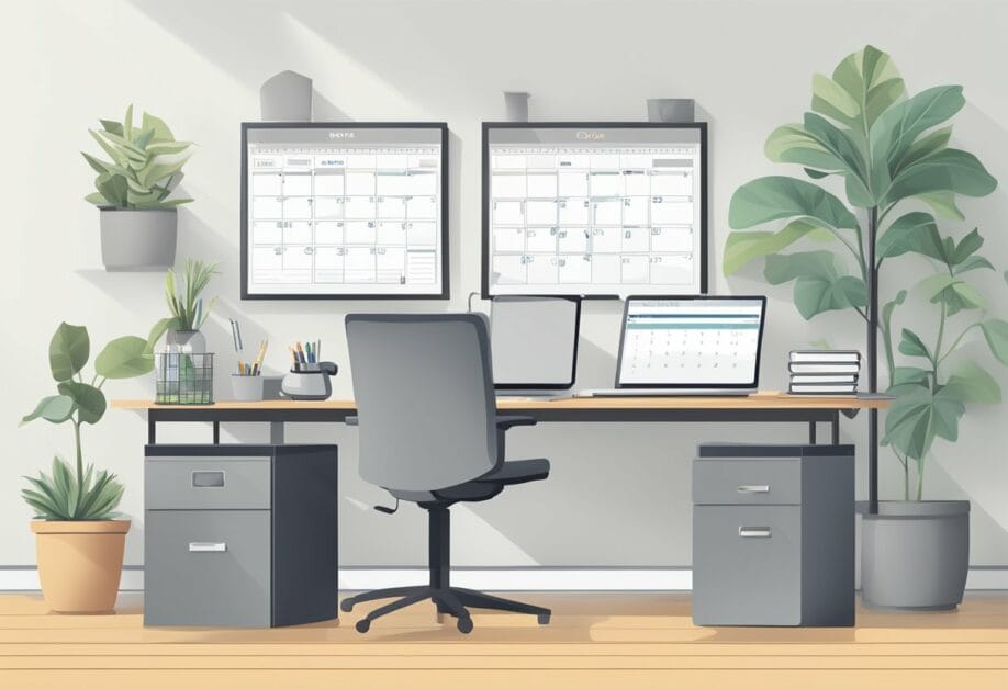 A tidy desk with labeled organizers, a clutter-free computer, and a clear schedule on a wall calendar. A streamlined home office setup for efficient workflow