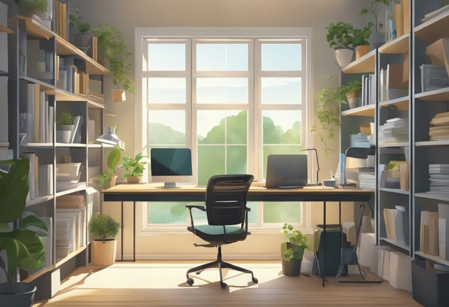 A well-lit home office with a large window, a desk with two monitors, an office chair, shelves filled with books, and various potted plants. Natural light illuminates the room.