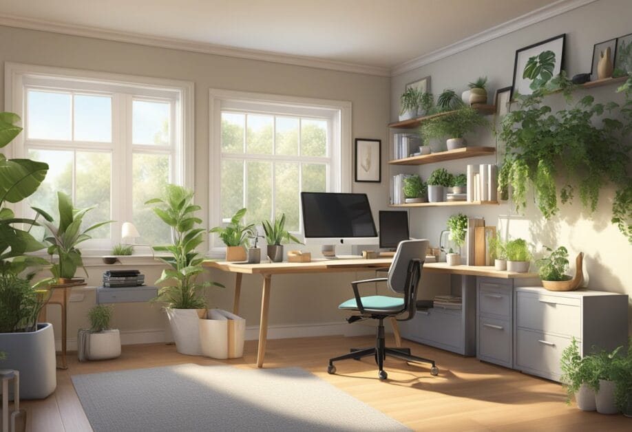 A spacious, well-lit room with a large desk, ergonomic chair, and organized storage. A window provides natural light, and plants add a touch of greenery