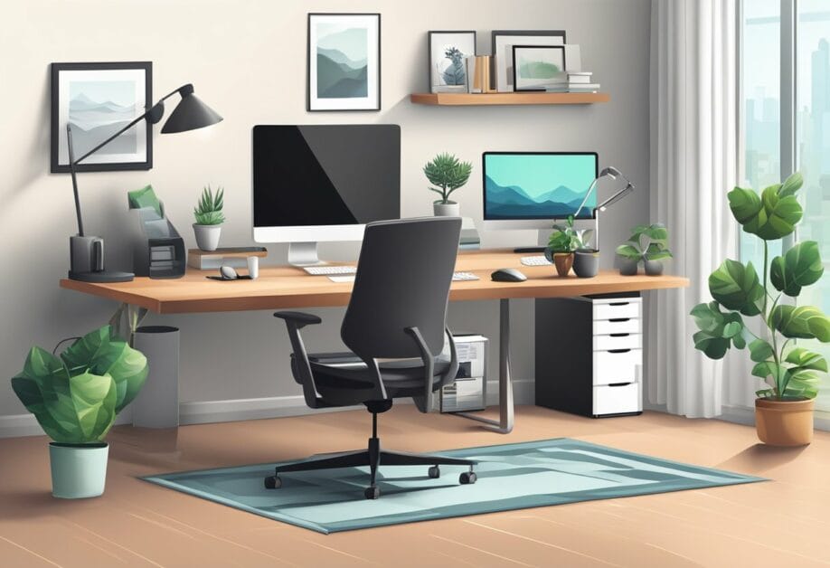 A modern home office with a wooden desk, two monitors, an office chair, and several plants. Wall art and shelves are mounted on the wall, and a large window lets in natural light.