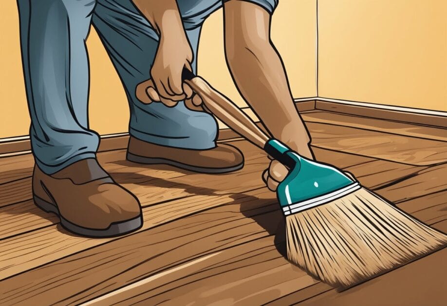 A person carefully applies a coat of stain to a section of hardwood floor, using a brush to ensure even coverage and a rich, deep color