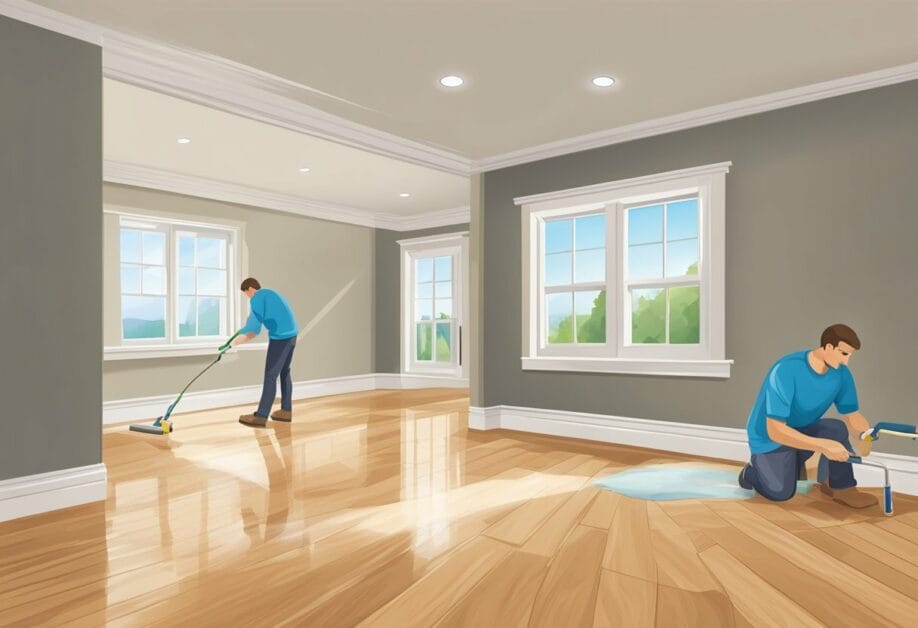 A person applies a sealant to a clean hardwood floor using a roller, ensuring even coverage and no missed spots