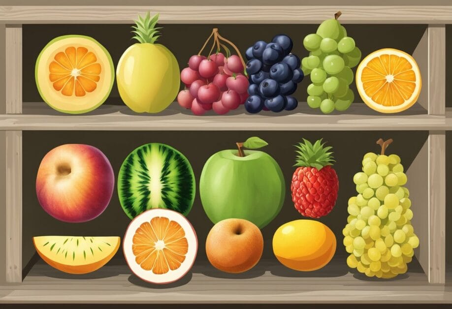 A variety of fruits are neatly arranged in a well-ventilated and dry storage area, with each type of fruit separated to prevent ripening gases from affecting others