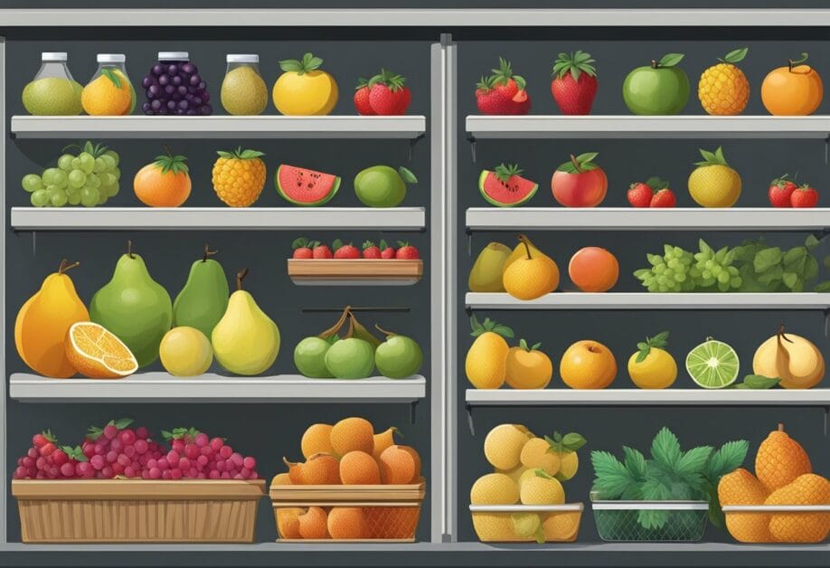 A variety of fruits stored in a cool, dry environment. Some fruits are in airtight containers, while others are neatly arranged on shelves or in baskets. Labels indicate the type of fruit and the date of preservation