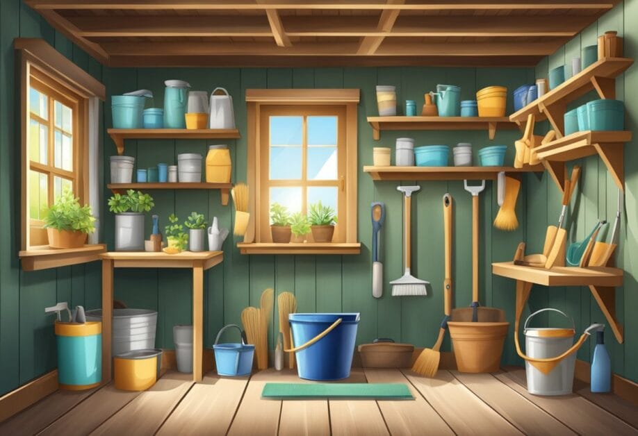 A sunny garden shed with neatly hung tools, a bucket of soapy water, and a scrub brush. A shelf holds oiled and neatly arranged hand tools