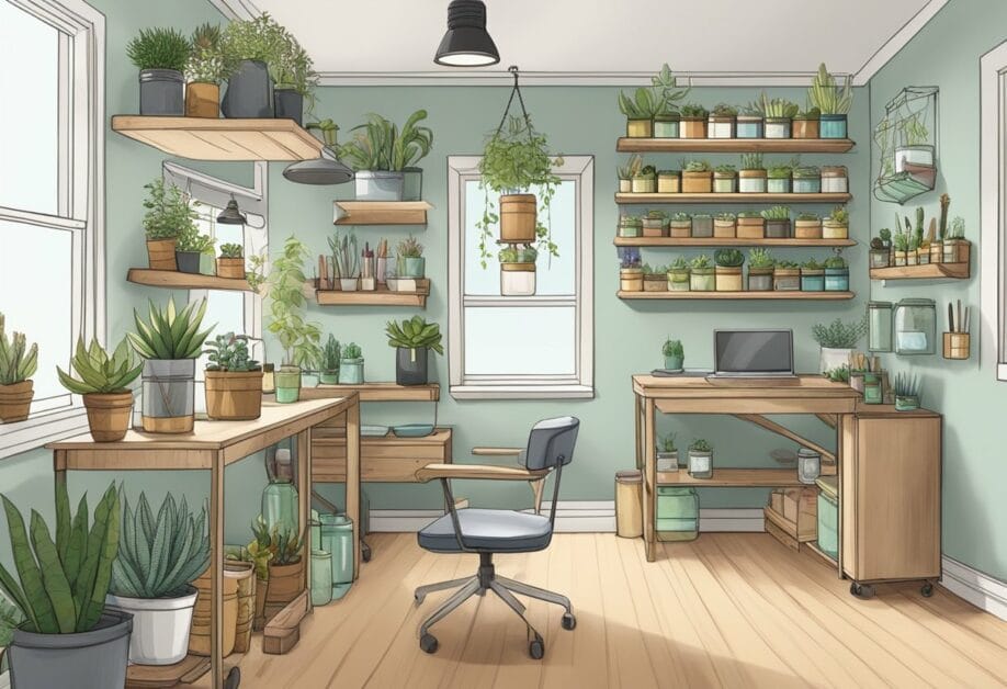 A small room with shelves filled with repurposed containers: mason jars, crates, and hanging planters. A desk holds succulents in tin cans, while a wall-mounted organizer stores art supplies in glass jars