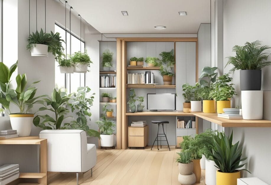 A small room with shelves stacked high, hanging planters, and wall-mounted organizers to maximize vertical space