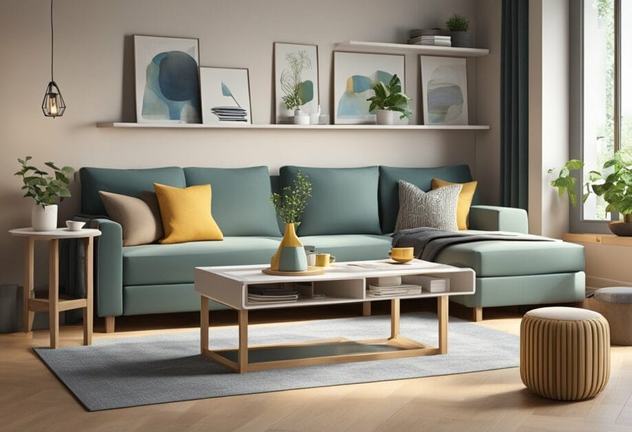 A cozy living room with a sofa and coffee table featuring hidden storage compartments. A wall-mounted shelf with built-in drawers and a foldable dining table with concealed storage