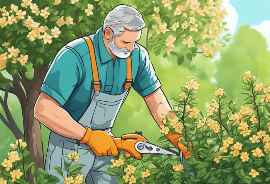 A gardener trims overgrown branches from a flowering shrub using sharp pruning shears on a sunny day in a well-maintained garden