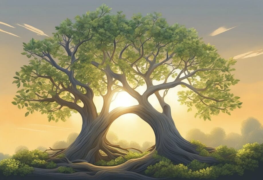 Sunlight filters through the branches as a figure trims away dead wood, shaping the tree for future growth. Fruit buds and healthy leaves signal a successful pruning